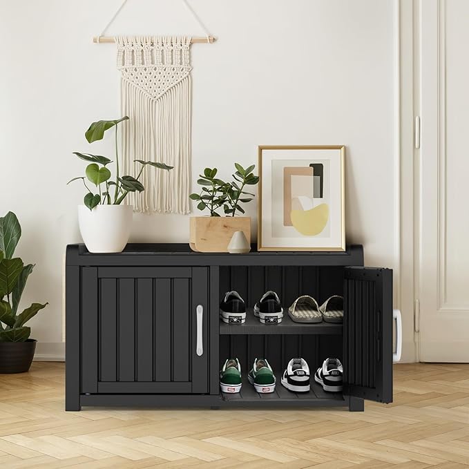 ROJIK Shoe Cabinet Storage Bench Indoor Outdoor, Waterproof UV-Resistant Resin Entryway Furniture with Adjustable Shelves for Hallway, Living Room and Bedroom (Double Door,Black)