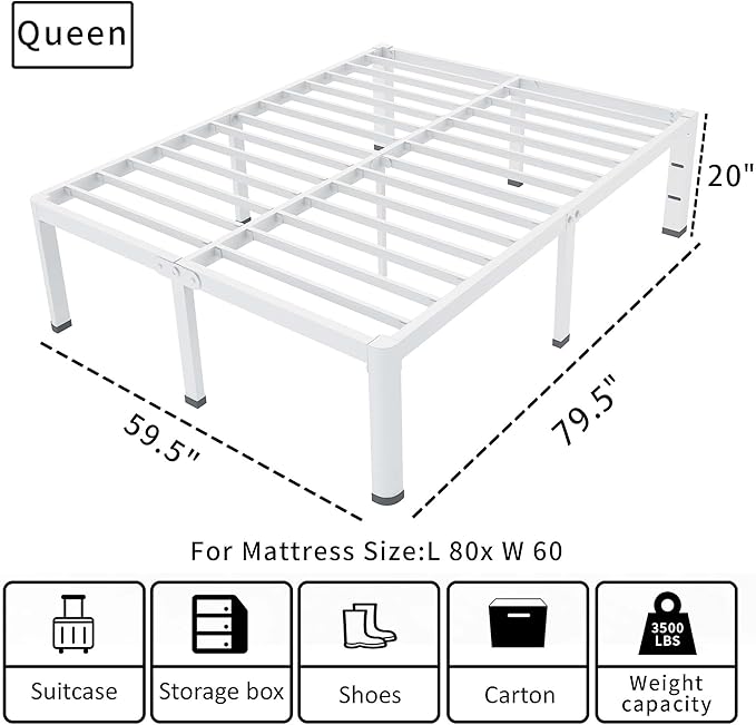 ROIL 20 Inch White Queen Bed Frame with Rounded Corner and Headboard Hole Mattress Retainers, 3500LBS Heavy Duty Steel Slats No Box Spring Needed Platform Noise-Free Easy Assembly