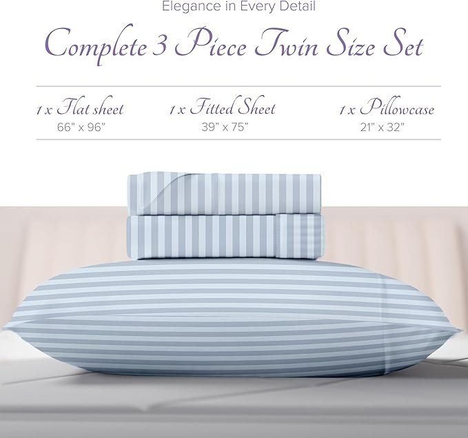 Carressa Linen Luxury Egyptian Cotton Twin Stripe Sheet Set - 600 Thread Count Extra Long Staple 3 PC Set, Light Blue Twin Damask Sheets, Soft, Cooling Sateen Weave Sheets Upto 18 in Deep Pocket