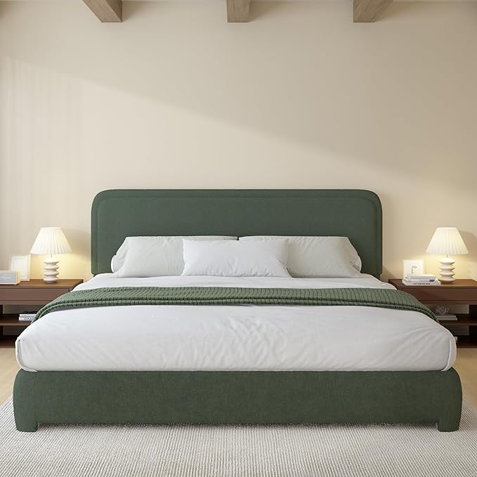 BarnFurin King Size Boucle Bed Frame and Headboard, Cloud Upholstered Platform Bed Frame, Soft Rounded Corners, Modern Style, No Box Spring Required, Easy Assembly, Green