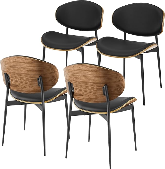 Art Leon Genuine Leather Dining Chairs Set of 4, Mid Century Modern, Upholstered Kitchen Dining Room, Armless Accent with Walnut Bendwood, Brown