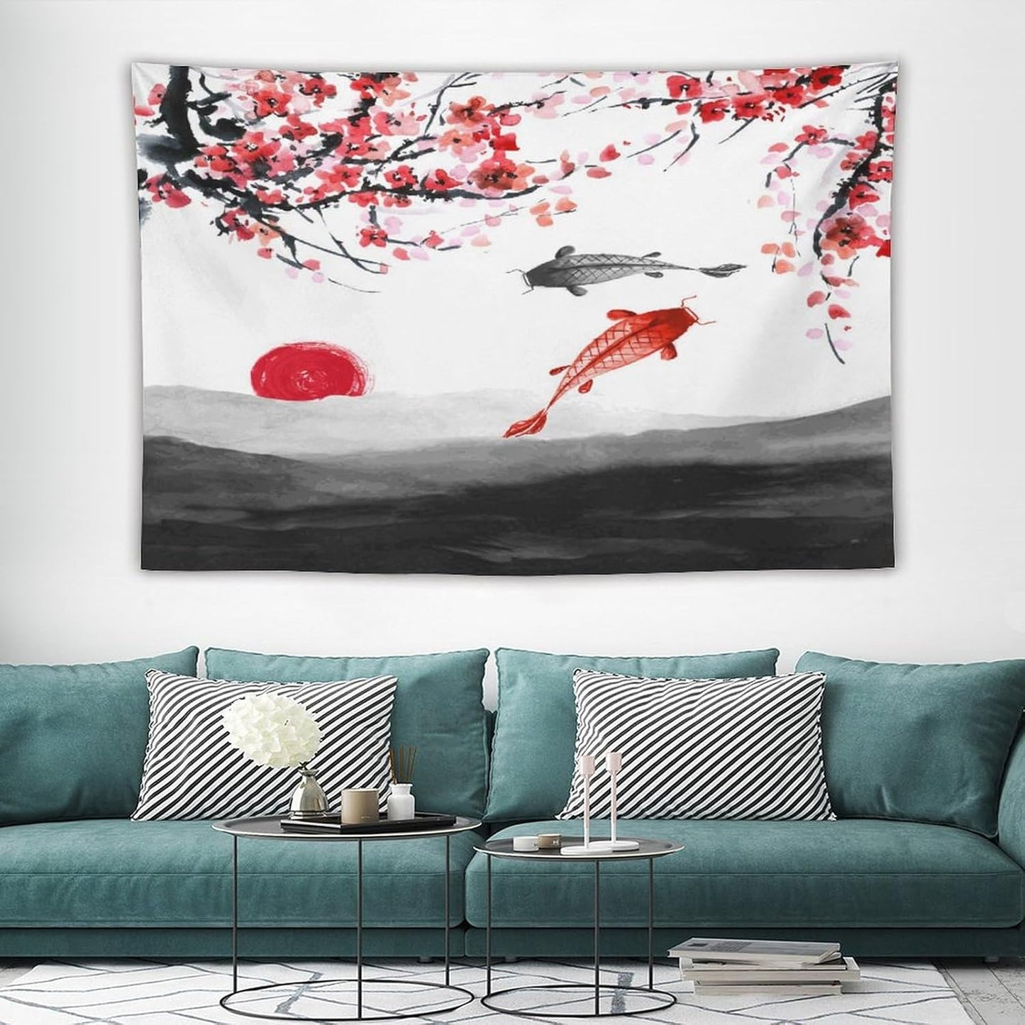 Houselerax Japanese Koi Fish Tapestries, Cherry Blossoms Asian Oriental Flower Branch Koi Fish Carp Tapestry Wall Hanging for Bedroom Living Room Office Decor 90"x60"