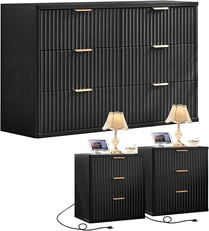 LEYAOYAO Fluted Dresser and 3 Drawers Nightstand Set of 2, Wood 48" Wide Dresser & 23" Night Stand with Charging Station, 3 Piece Bedroom Furniture Set, Chest of Drawers for Home,Living Room,Black
