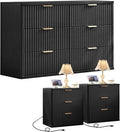 LEYAOYAO Fluted Dresser and 3 Drawers Nightstand Set of 2, Wood 48" Wide Dresser & 23" Night Stand with Charging Station, 3 Piece Bedroom Furniture Set, Chest of Drawers for Home,Living Room,Black