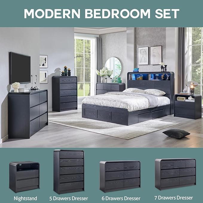 Modern 5 Drawers Dresser for Bedroom, 45" Tall Dressers & Chests of Drawers w/Curved Profile Design, Wood Mid Century Vertical Dresser w/Natural Texture for Bedroom, Living Room, Black