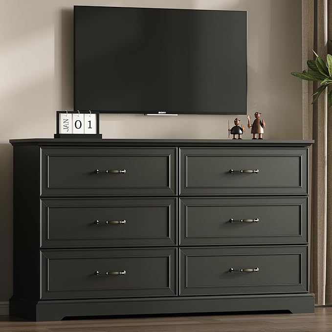 Farmhouse 6 Drawers Dresser for Bedroom, 54" Wide Modern Chest of Drawers with Deep Drawers & Bar Handles, Rustic Wood Dresser TV Stand, Wooden Closet Storage Organizer for Living Room, Hallway, Black