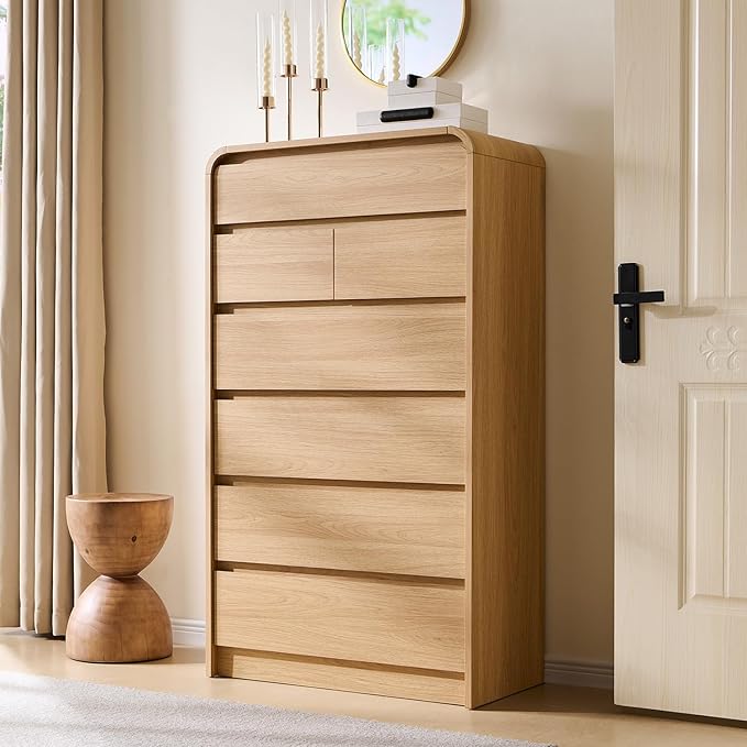 Modern 7 Drawers Dresser for Bedroom, 55" Tall Dressers & Chest of Drawers w/Curved Profile Design, Wood Mid Century Vertical Storage Dressers Organizer for Bedroom, Living Room, Natural Oak