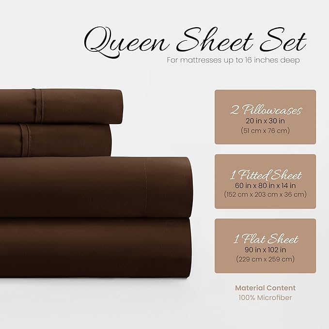 Linen Market Brushed Microfiber Queen Sheet Set 4 Piece – Oeko-TEX Certified Ultra Soft & Wrinkle-Free - 16" Deep Pocket Sheets - Easy Care Queen Size - Chocolate