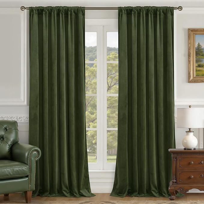 LAMIT Olive Green Velvet Curtains 120 Inch for Living Room, Thermal Insulated Blackout Curtains Luxury Room Darkening Back Tab and Rod Pocket Window Drapes for Bedroom, 2 Panels, 52 x 120 Inch