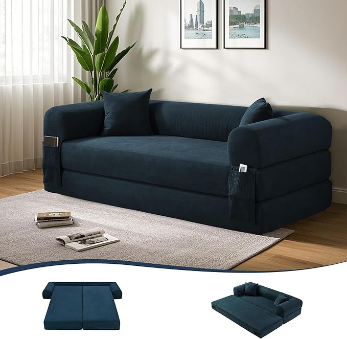 80" Convertible Sofa Bed, 3-in-1 Corduroy Folding Pull Out Couch with Pillows, No Assembly Modern Boneless Couch Compression Sofa in Box, Floor Sofa with Side Storage Pocket for Living Room,Dark Blue
