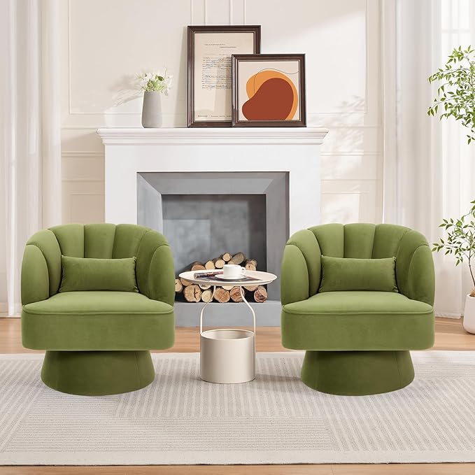 GarveeHome Modern Swivel Barrel Accent Chair, 360 Degree Velvet Upholstered Armchair with Striped Backrest & Plush Padding, Comfy Round Lounge Chair for Living Room, Bedroom, Reading Nook, Green