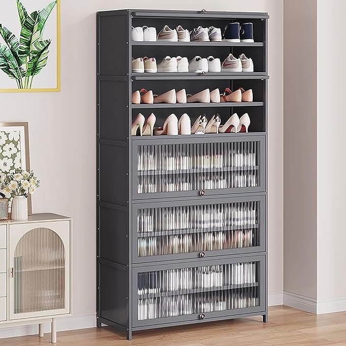 Bamboo Shoe Cabinet with Acrylic Door,10-Tier Shoe Storage Rack, 40-45 Pairs Freestanding Shoe Rack, Entrance Shoe Cabinet for Hallway Living Room