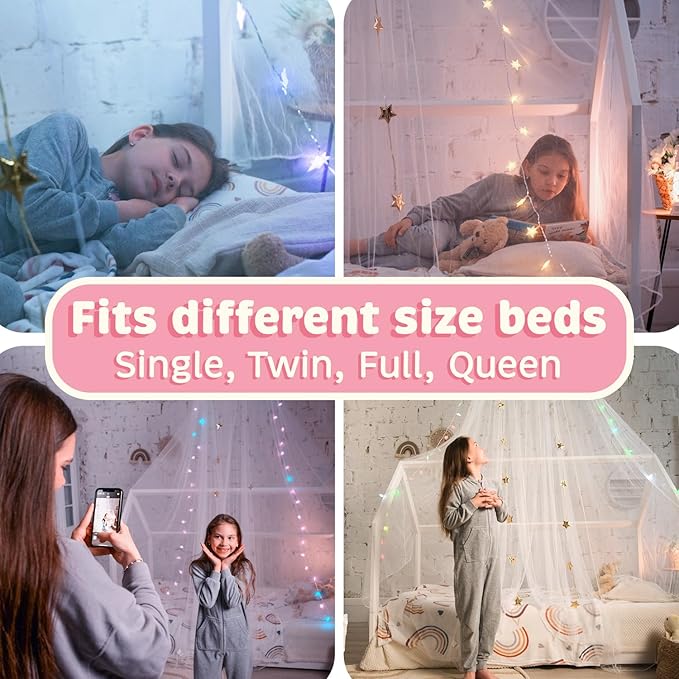 Bollepo Bed Canopy with Lights - Pink Princess Canopy for Girls Room | Single, Twin, Full, Queen | Kids Bed, Hanging Fairy Led Canopy