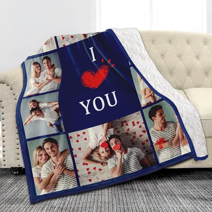 Custom Sherpa Fleece Blanket with Photos Text - Soft, Warm, Fuzzy Personalized Couples Gifts for Boyfriend, Girlfriend - Customized Picture Blanket for Birthday, Anniversary, Christmas