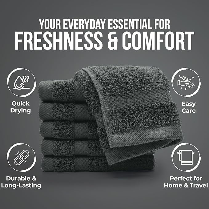 DAN RIVER 12-Pack Premium 100% Cotton Gray Face Towels – Reusable Face Towel Set, Soft & Absorbent Cotton Cloths for Bathroom & Body – Hand and Face Towels, 550 GSM (12x12 in)