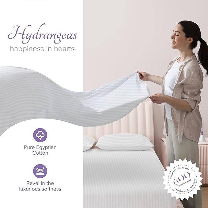 Carressa Linen Striped Egyptian Cotton Sheets Twin XL Size - 600 Thread Count 3 PC Damask Twin XL Sheets Deep Pockets, Sateen Weave College Dorm Bedding Twin XL, Fits Mattress Upto 18"- White Stripe