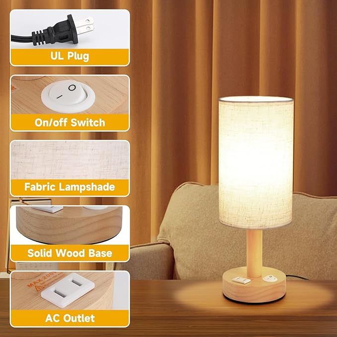 Small Bedside Table Lamp with AC Outlet,Natural Round Wood Base&Fabric Linen Shade,Cozy Night Table Light for Study Reading,Minimalist Boho Desk Lamp for Nightstand,Living Room,Nursery,Kitchen,Dorm