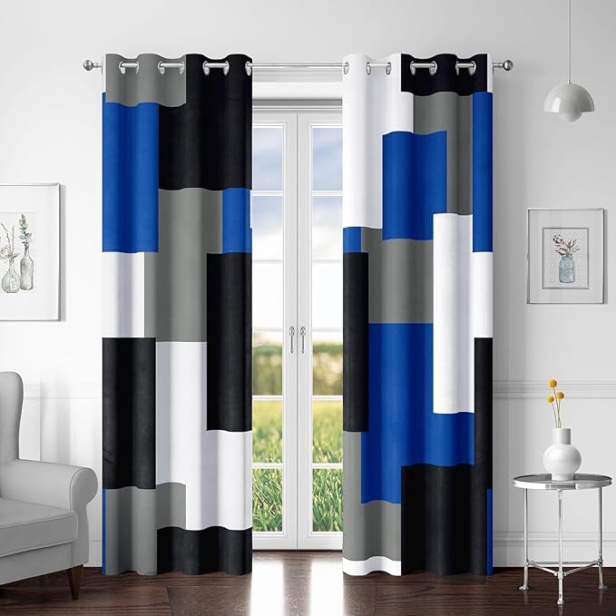 Royal Blue 100% Blackout Curtains for Bedroom 84 inch Long 2 Panels Set Modern Abstract Geometric Black Out Curtains Blue Gray Insulated Room Darkening Window Drapes for Living Room, 52Wx84L