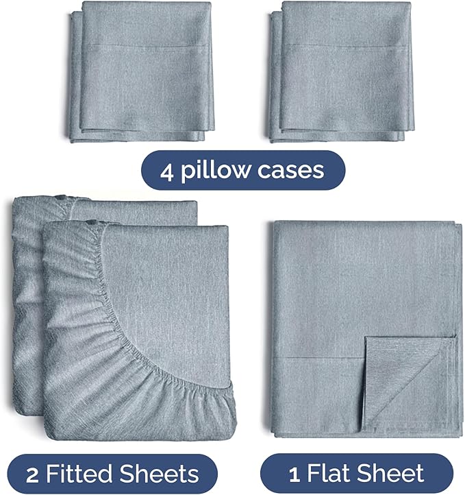 Split King 7 Piece Sheet Set - Cooling & Breathable - Hotel Luxury Bedding Includes Fitted Sheets for Women, Men, Kids & Teens - 1 Flat, 2 Fitted Sheets, 4 Pillowcases w/Deep Pockets - Heathered Blue