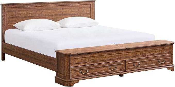 T4TREAM Farmhouse King Bed with Headboard and Storage Bench, Rustic Wood Platform Bed with 80" Storage Chest w/ 4 Large Drawer, Dark Brown