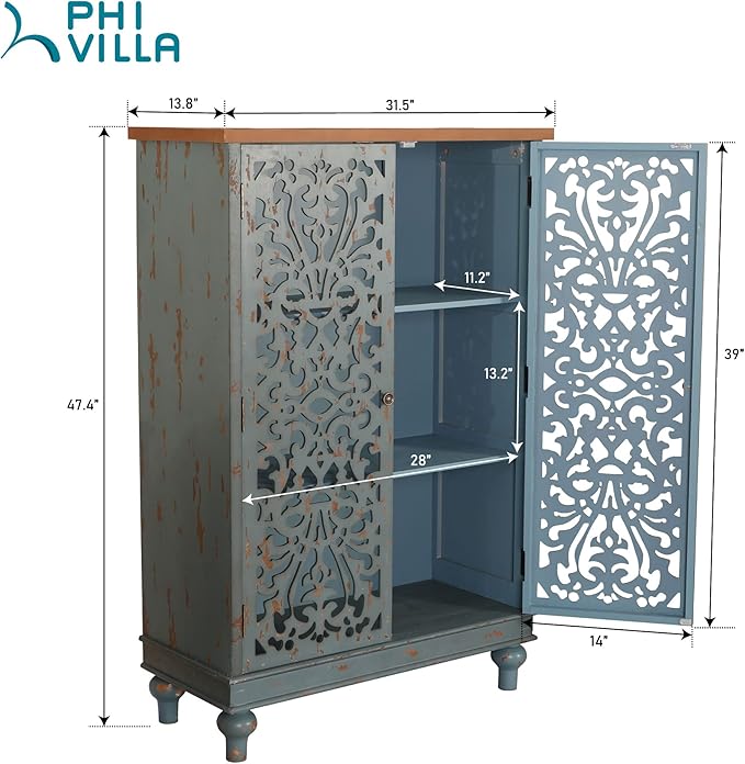 PHI VILLA Tall Accent Cabinet with Doors - Credenza for Living Room Farmhouse Storage Cabinet with Hollow Carved Door, 2 Door Accent Cabinets