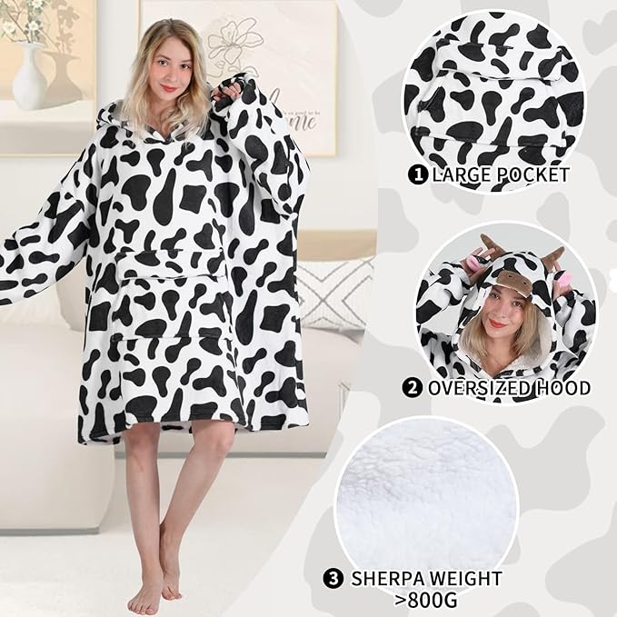 Wearable Blanket Hoodie for Adult,Oversized Sherpa Fleece Blanket Hoodie for Women Men,Cow Print