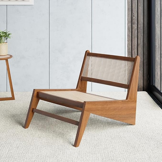 homary Mid Century Modern Chair Japandi Walnut Rattan and Wood Lounge Chairs Armless Accent Chair for Living Room Bedroom Balcony & Patio