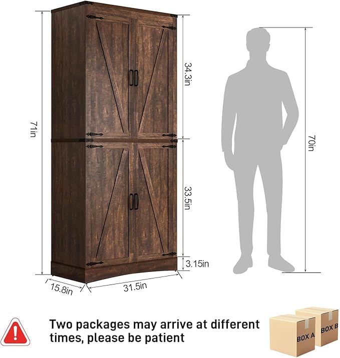 71" Tall Kitchen Pantry,Farmhouse Storage Cabinet with Adjustable Shelves,Load-Bearing Steel Pipe,Farmhouse Pantry Cabinet with 4 Barn Doors, for Kitchen,Dining Room,Living Room(Brown)