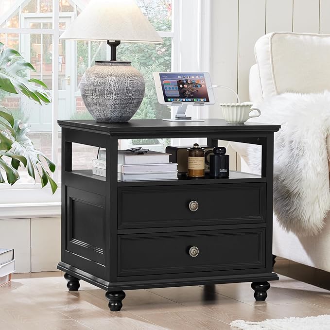 Farmhouse Nightstand Set of 2 with Charging Station, 24" Wide End Table with 2 Drawers,Wood Dresser for Bedroom,Black Bed Side Table Chest of Drawers Cabinet,Night Stand for Living Room