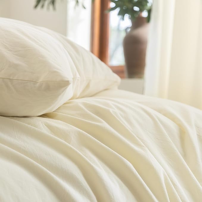 FOSSA Duvet Cover Set 100% Washed Cotton Linen Feel Super Soft Breathable Cozy 3 Pieces Bedding Sets Solid Cream White Full/Double
