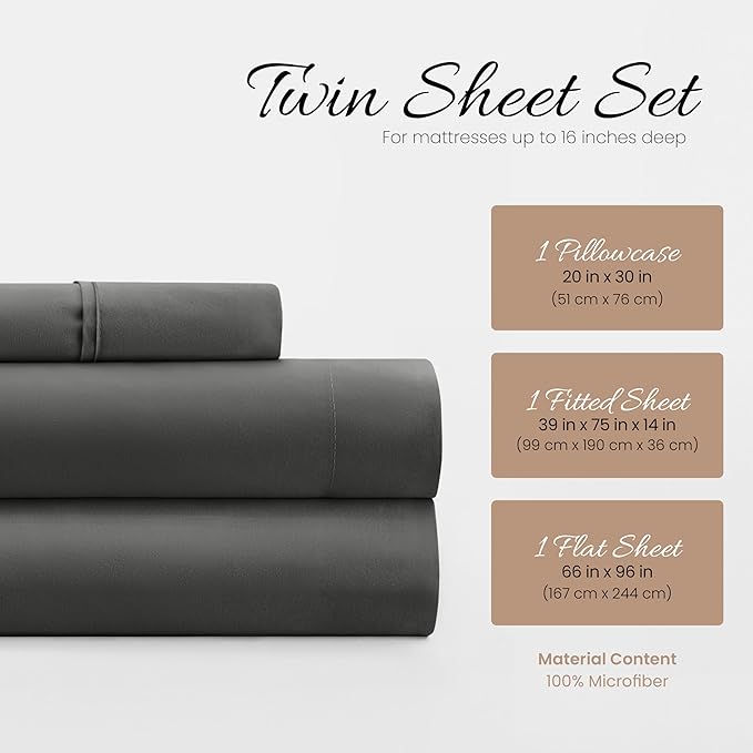 Linen Market Bed Sheets for Twin Size Bed (Gray) - Sleep Better Than Ever with These Soft and Cooling Twin Sheets - Deep Pocket Fits 16" Thick Beds - 3 Piece Twin Sheet Set