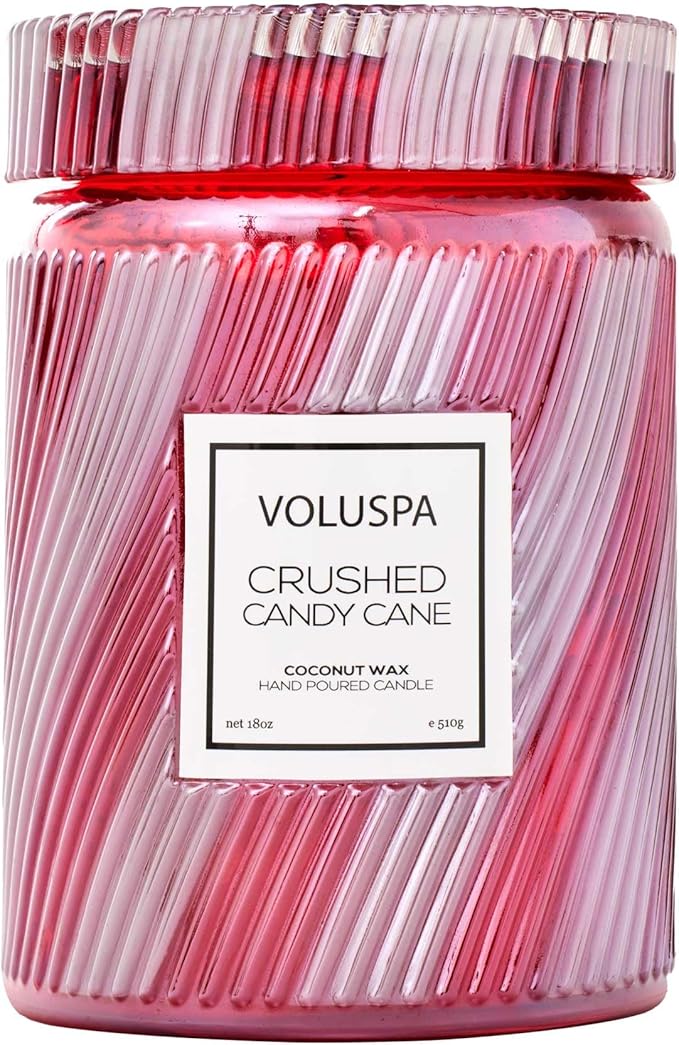 Voluspa Crushed Candy Cane, Large Candle Jar, 18 oz, 100 Hour Burn Time, Coconut Wax for Clean Burning, Handcrafted in The USA
