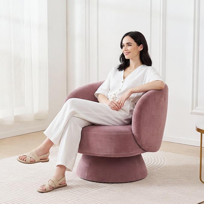 Swivel Accent Chair, Modern 360 Degree Swivel Barrel Chair with Arms & Curved Back and Lumbar Support Cushion, Comfy Round Single Sofa for Small Space, Living Room, Bedroom, Old Rosa Rayon