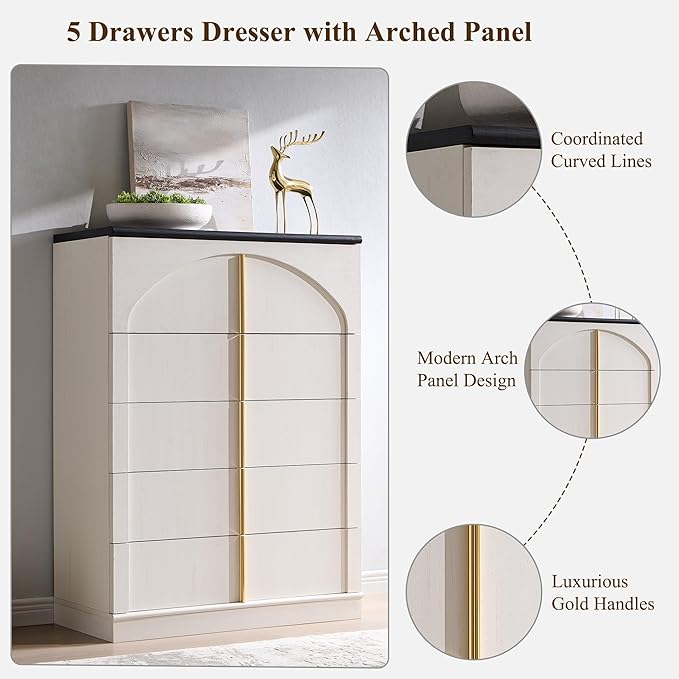 ACCOHOHO Modern 5 Drawers Dresser for Bedroom with Arched Panel,44" Tall Dresser for Closet with Metal Handles,Push-to-Open Wood Storage Closet Dressers Tv Stand for Living Room, Hallway,White