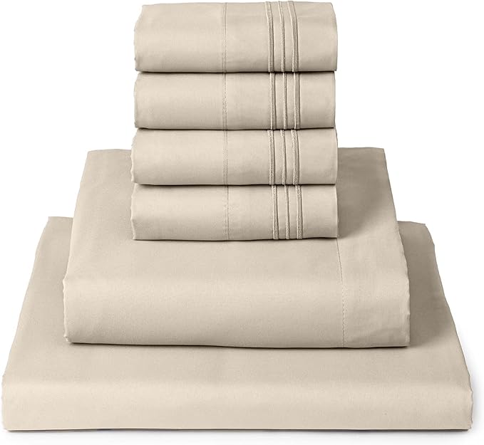Mellanni Full Sheet Set - 6-Piece Iconic Collection Bedding, (Including 4 Pillowcases), 16-Inch Deep Pocket, Easy Care, Extra Soft, Cooling Sheets, Brushed Microfiber - Beige