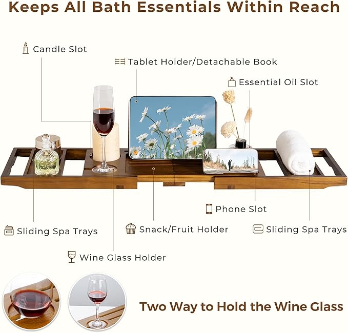 Teak Bathtub Tray Expandable Bathroom Tray for Home Spa Relaxation, Wooden Tray Caddy for Bathtub, Teak Bathtub Caddy as Unique Housewarming, Birthday, Wedding Shower Gifts (Natural Teak)