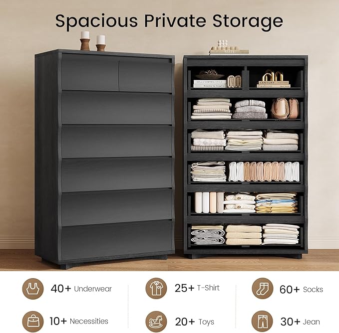 Black Tall Dresser for Bedroom, 52.8" Tall Dresser with 7 Drawers, Wood Dressers & Chests of Drawers, Accent Upright Drawer Organizers for Closet, Hallway