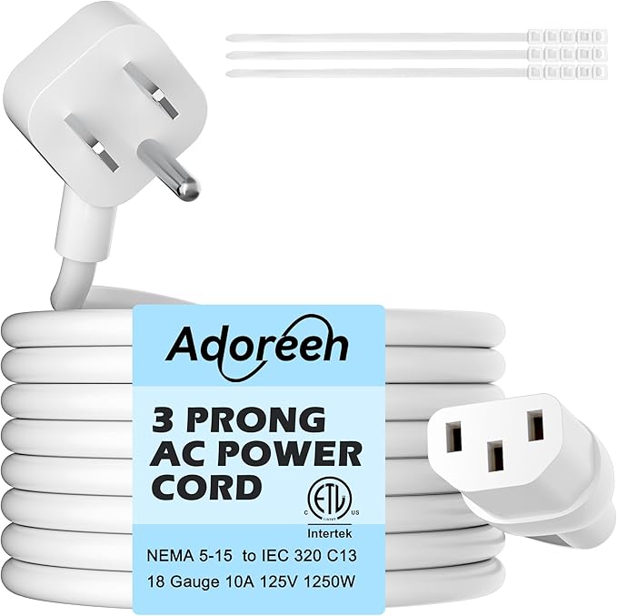 Adoreen 20 Ft Computer TV Replacement Power Cord White, Low Profile Flat Plug 18AWG 3-Prong AC Universal Power Supply Cable NEMA 5-15P to IEC 320 C13 for Printer, PC, Monitor TV LCD, ETL+Ties