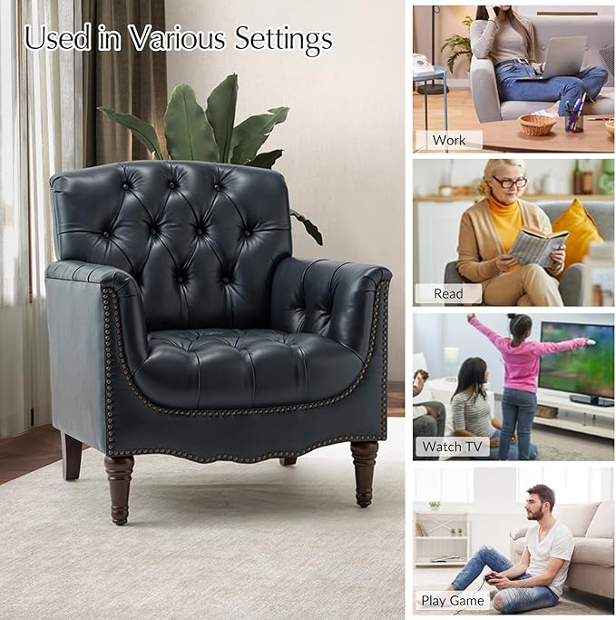 HULALA HOME Mid Century Modern Leather Club Chairs, Top-Grain Genuine Leather Armchairs with Button-Tufted Back & Solid Wood Legs, Accent Chairs for Living Room/Bedroom/Home Office, Navy
