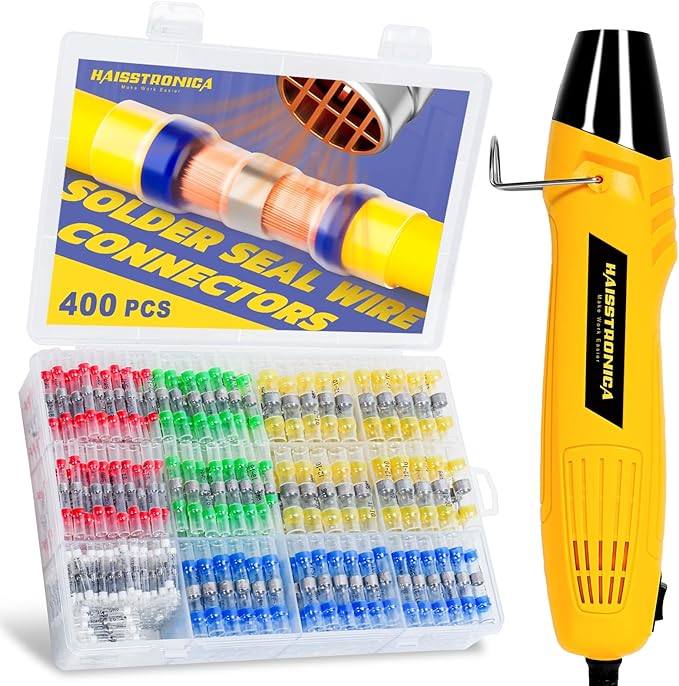 haisstronica 400 PCS Solder Seal Wire Connectors with Heat Gun Kit - Solder Sticks Wire Terminals Waterproof Electrical Connectors for Automotive, Marine, Wiring Repair