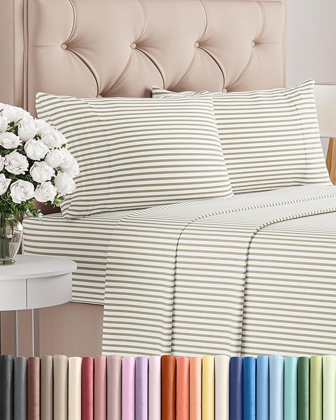 Twin 4 Piece Sheet Set - Cooling, Comfy & Breathable - Hotel Luxury Bedding, Includes Fitted Sheet for Women, Men, Kids & Teens - 1 Flat, 1 Fitted Sheet, 2 Pillowcases w/Deep Pockets - Beige Stripes