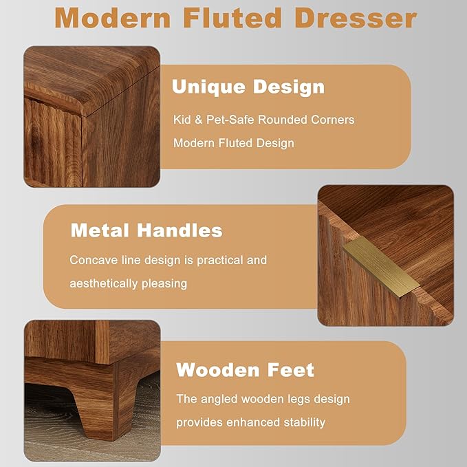 3 Pcs Dresser Closet Bedroom Set, 6 Drawer Fluted Dresser and Nightstand Set of 2 with Charging Station, Modern Bedside Table Chest of Drawers Storage Cabinet Set for Bedroom, Living Room, Walnut