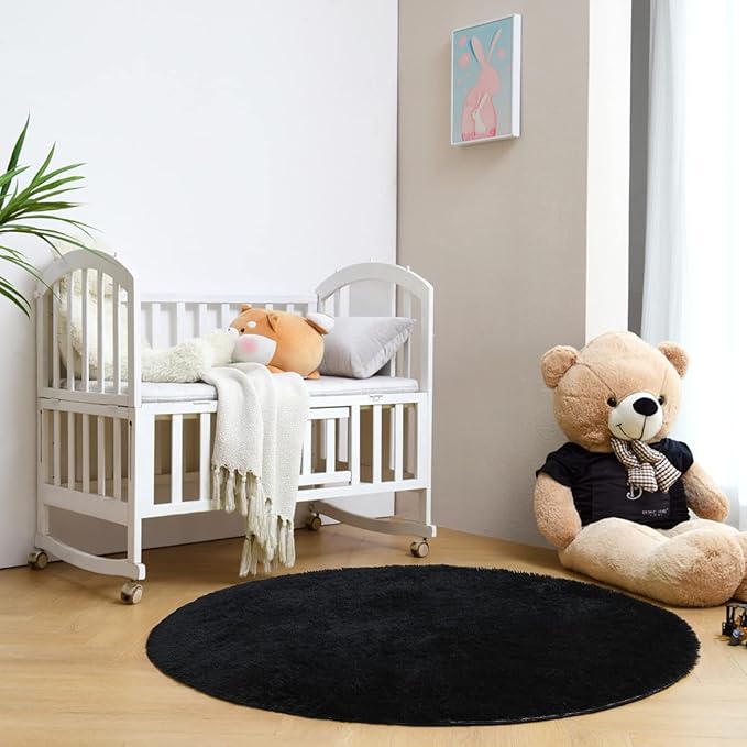 duduta Black Fluffy Round Rug 4x4 ft, Shag Fuzzy Plush Circle Throw Rug for Nursery Bedroom Living Room Home Decor