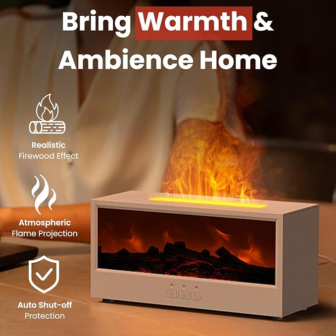 Fireplace Flame Diffuser Air Humidifier, Essential Oil Diffuser with 7 Colors Light & Timer, Auto-off Ultrasonic Cool Mist Aroma Humidifier for Home, Bedroom, Office, Yoga(White)