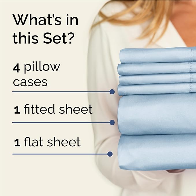 Full 6 Piece Sheet Set - Cooling, Comfy & Breathable - Hotel Luxury Bedding, Includes Fitted Sheet for Women, Men, Kids and Teens - 1 Flat, 1 Fitted Sheet, 4 Pillowcases with Deep Pockets - Sky Blue