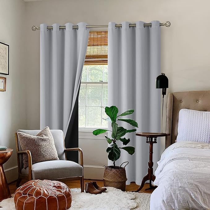 BGment Thermal Insulated 100% Blackout Curtains for Bedroom with Black Liner, Double Layer Full Room Darkening Noise Reducing Grommet Curtain (55 x 96 Inch, Light Grey, 2 Panels)