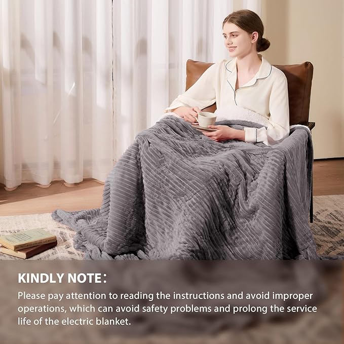Homemate Electric Heated Blanket Queen Size - 84"x90" Heating Blanket Queen Size Dual Control 1/2/4/6/8 Hours Auto-Off 10 Heat Level Over-Heat Protection Soft Flannel Sherpa ETL Certification