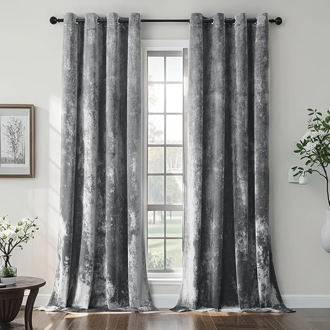 SMILETIME Grey Crushed Velvet Curtains 52x84 inch Luxurious Thermal Insulated Soundproof Drapes for Living Room Bedroom Office Soft and Durable Light-Filtering Window Treatments, 2 Panels