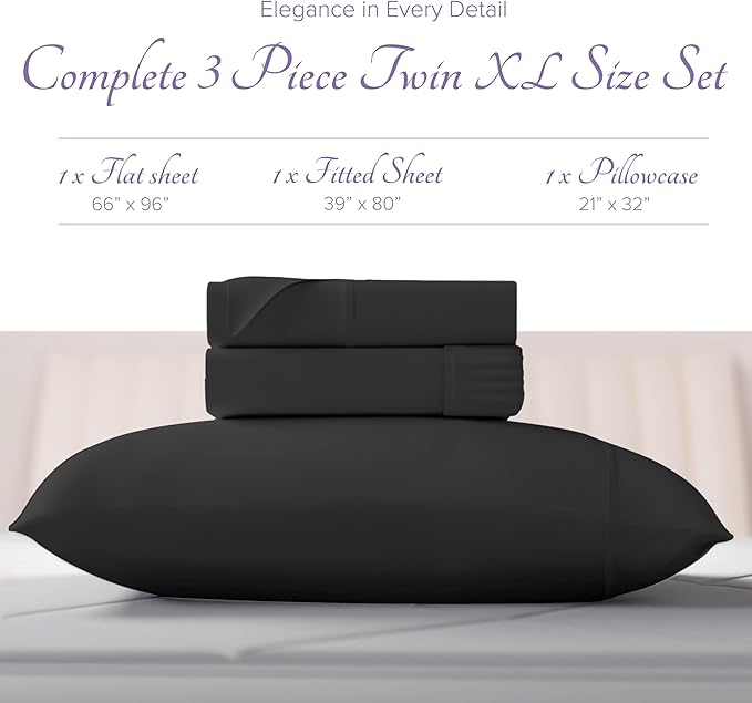 Carressa Linen 100% Egyptian Cotton Twin XL Sheets Set - 600 Thread Count Luxury Egyptian Cotton Sheets Twin XL Size (3 PC, Black), 16" Deep Pocket, Soft, Cooling, Sateen Weave Dorm Room Bedding