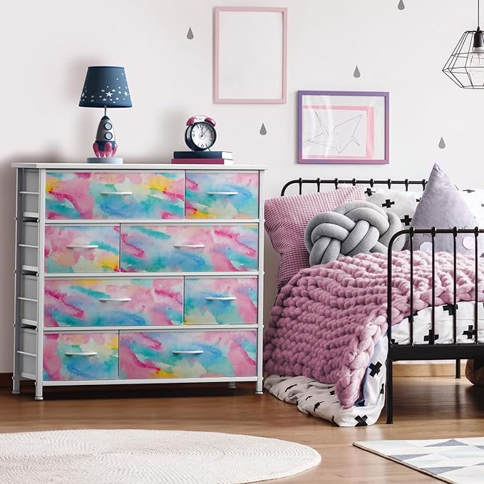 Sorbus Dresser with 8 Drawers - Furniture Storage Chest for Kid’s, Teens, Bedroom, Nursery, Playroom, Clothes, Toys - Steel Frame, Wood Top, Fabric Bins (Tie-dye)